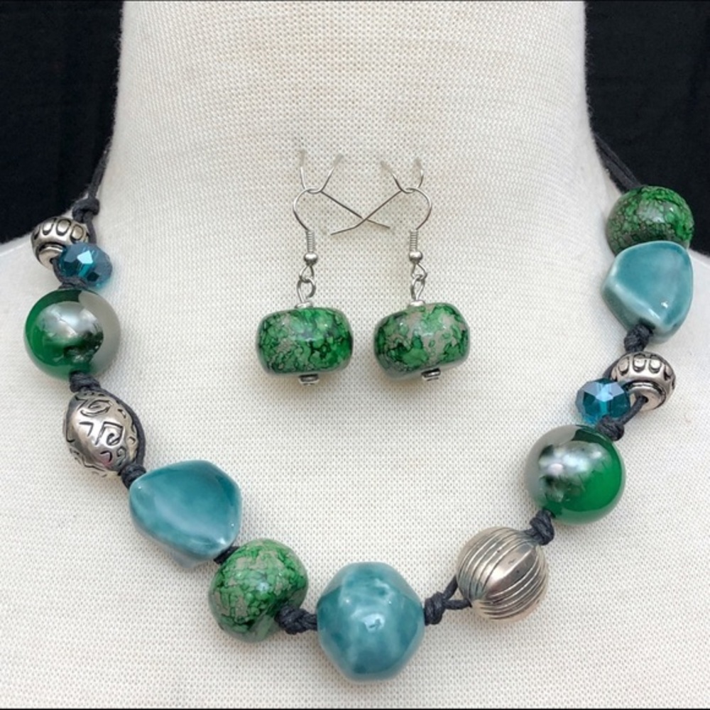 Blue Green Chunky Ceramic Bead Silver Corded Statement Necklace Earrings Set